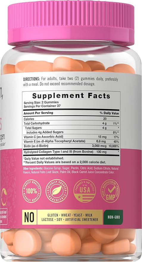 Carlyle Hair Skin and Nails Vitamins | 75 Gummies | with Biotin and Collagen | Gummy Supplement for Women | Strawberry Flavor | Non-GMO, Gluten Free