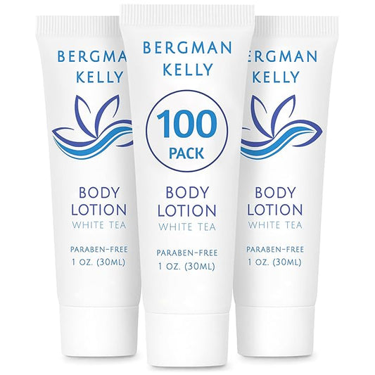 BERGMAN KELLY - Travel Size Lotion - 1 fl oz, 100 PK, White Tea - Delight Your Guests with Invigorating and Refreshing Body Lotion - Quality Mini and Small Size Guest Hotel Toiletries in Bulk