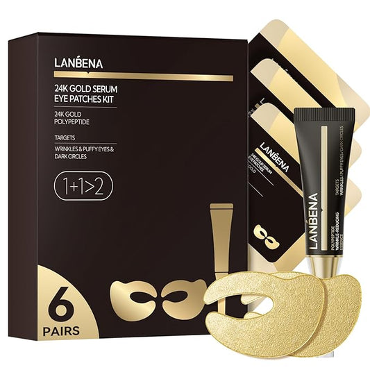 LANBENA Full-Around 24K Gold Eye Patches, Rapid Reduction Eye Essence, Visibly Reduces Under EyeBags, PuffyEyes, Wrinkles, Dark Circles, Fine Lines, EyeSkin Care Treatment Set (6 Pairs, 0.27 FL.OZ)