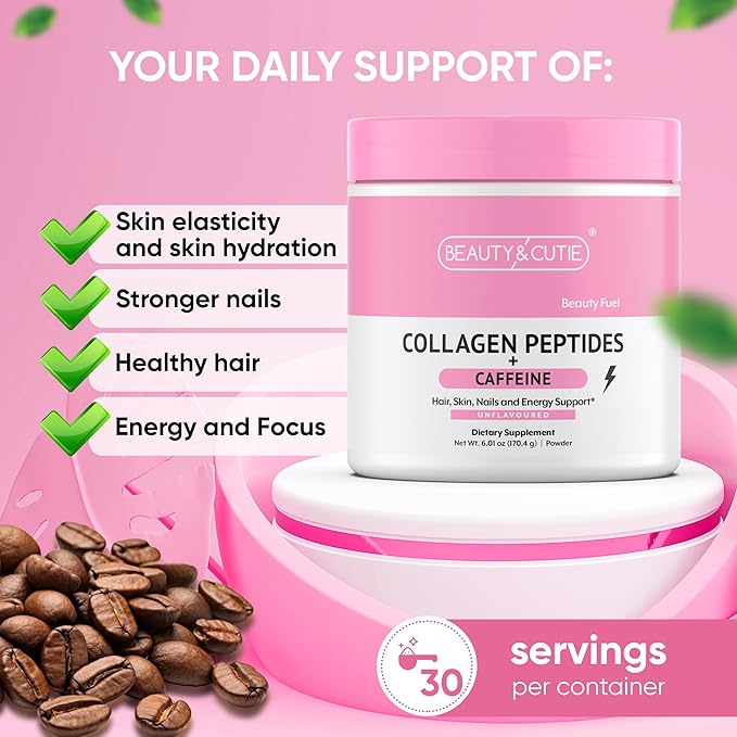 Collagen Peptides with Caffeine 200 mg, Powder, Grass Fed, for Hair, Skin, Nails and Energy Support, Gluten Free, Unflavored, 6.01 oz