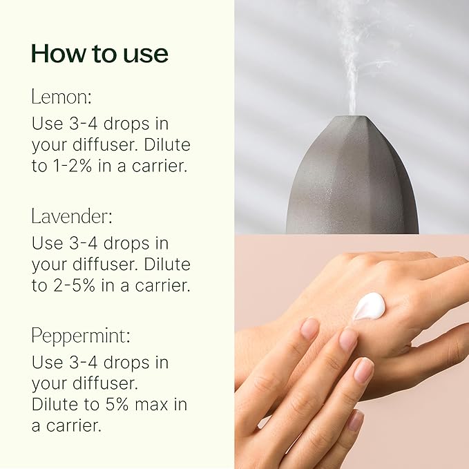 Plant Therapy Top 3 Organic Essential Oil Singles Set 10 mL (1/3 oz) Lemon, Lavender & Peppermint 100% Pure Essential Oils, Undiluted, Natural Aromatherapy for Diffusion and Body Care