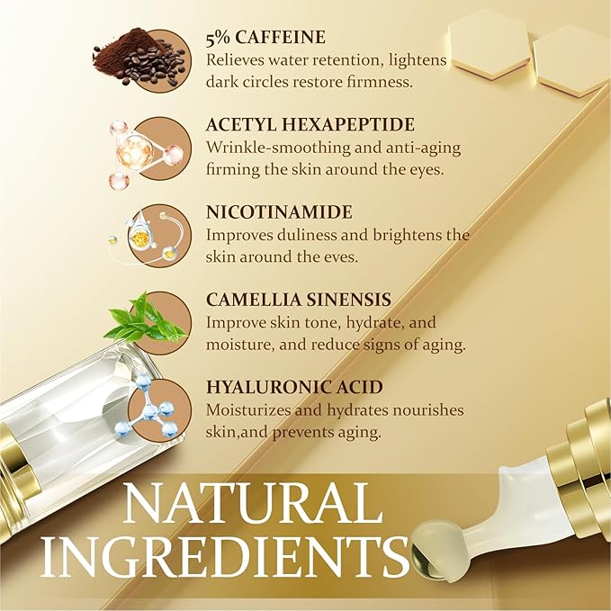 Eye Serum With 5% Caffeine & 5% Retinol For Dark Circles, Puffiness Puffy Bags & Wrinkles Fine Lines,Under Eye Cream Anti Aging Treatment 360° Massage Roller Ball (0.68 Ounce (Pack of 1), Unscented)