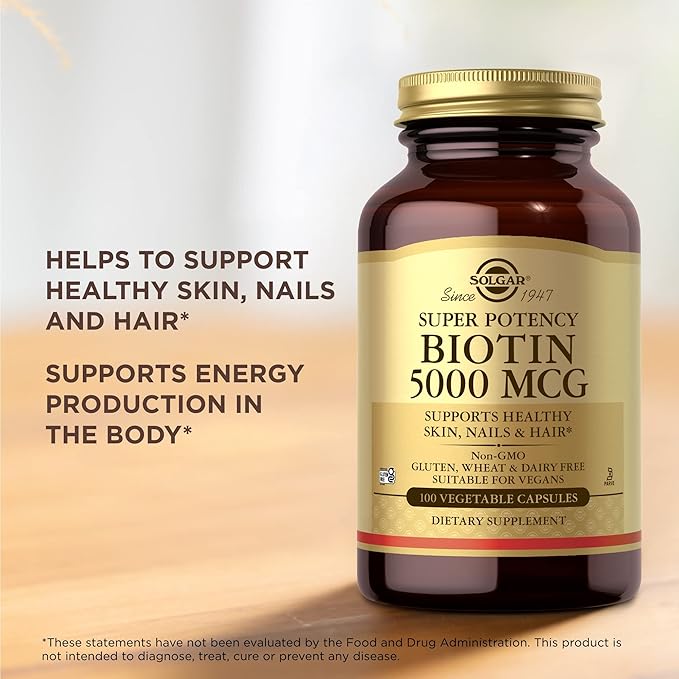 SOLGAR Biotin 5000 mcg - 100 Vegetable Capsules - Supports Healthy Skin, Nails & Hair - Non-GMO, Vegan, Gluten Free, Dairy Free, Kosher - 100 Servings