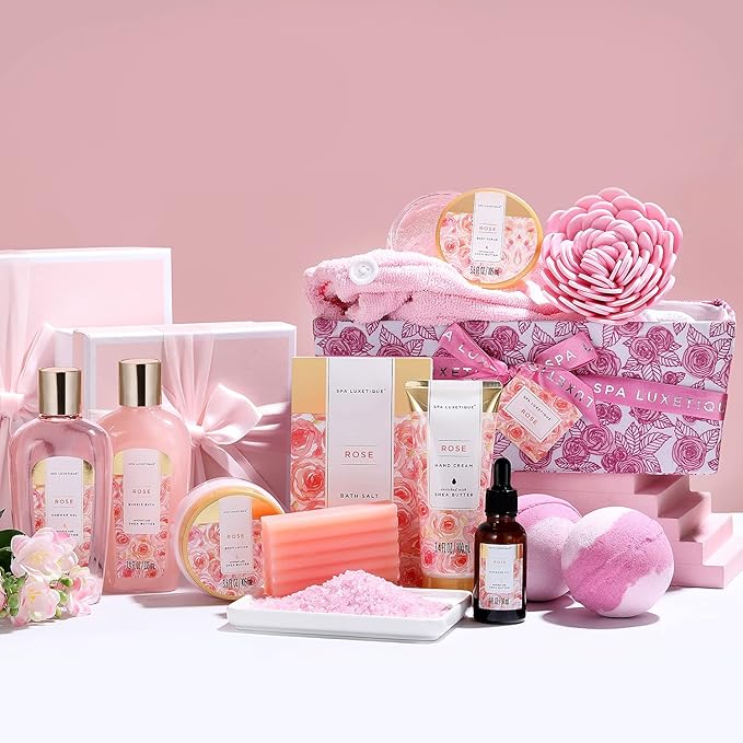 Spa Gift Baskets for Women, Spa Luxetique Bath Set, 12 Pcs Rose Gifts Set with Bu