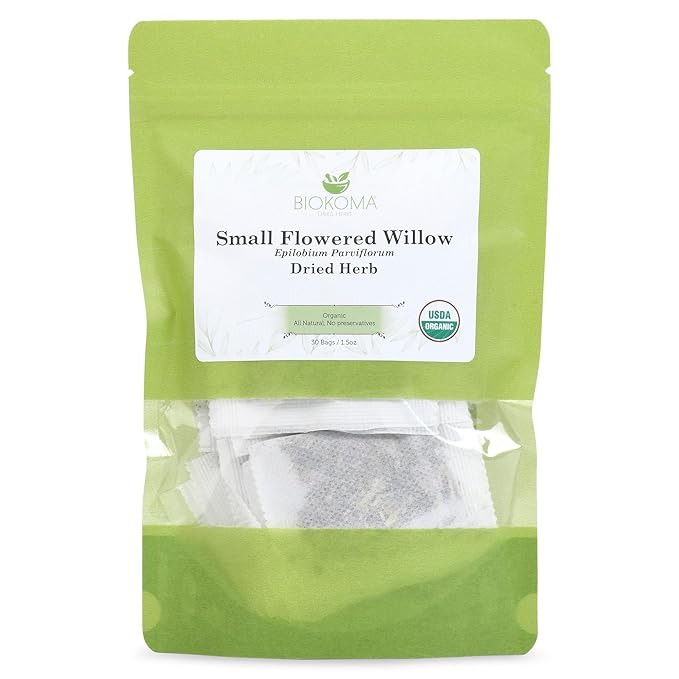 Biokoma Pure and Organic Small-Flowered Willow Epilobium Parviflorum Dried Herb 30 Tea Bags in Resealable Moisture Proof Pouch, USDA Certified Organic Herbal Tea No Additives No Preservatives, Kosher