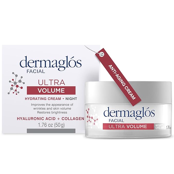 Dermaglos Ultra Volume Anti-Aging Night Cream with Hyaluronic Acid, Collagen and Niacinamide, Hydrating and Firming Face Moisturizer, Improves the Appearance of Wrinkles & Skin Volume, 1.76 Oz