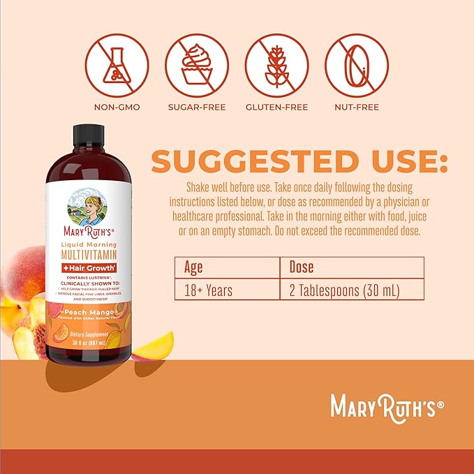 MaryRuth's Liquid Multivitamin + Hair Growth | Biotin 10000mcg | Lustriva Hair Growth Supplement | Clinically Tested in Women for Thicker Hair & Facial Wrinkle | Skin Care | Ages 18+ | 30 Fl Oz