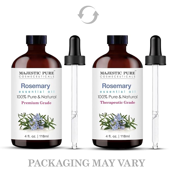 Majestic Pure Rosemary Essential Oil with Glass Dropper | 100% Pure and Natural Rosemary Oil | Premium Grade Essential Oils for Diffusers, Skin, Aromatherapy, Massage | 4 Fl Oz