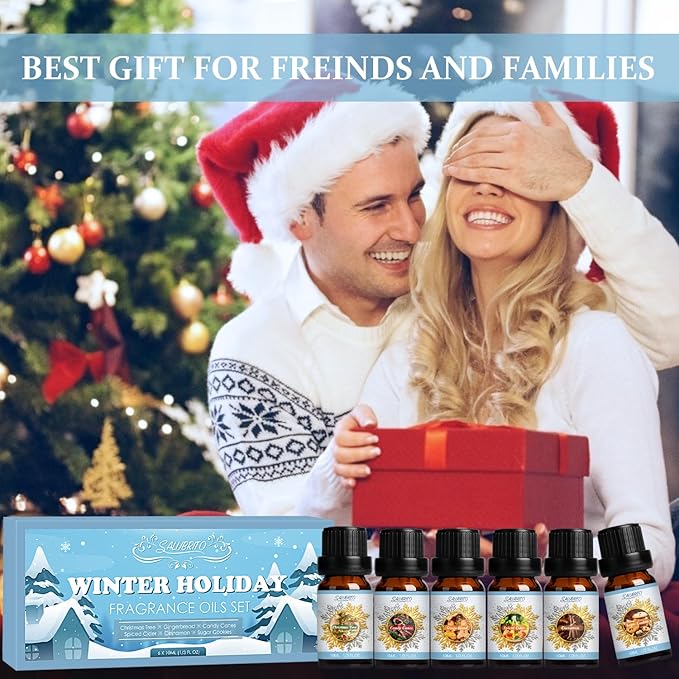 SALUBRITO Winter Fragrance Oils Set, Holiday Essential Oils for Diffuser, Candle, Soap Making - Christmas Tree, Cinnamon, Gingerbread, Candy Cane, Spiced Cider, Sugar Cookies Scented Oil