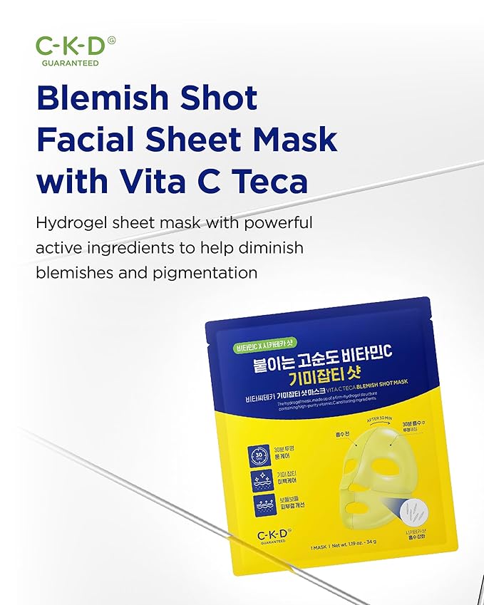 CKD Vita C Teca Blemish Shot Face Gel Mask with Vitamin C & Centella Asiatica (5ea) - Korean Hydrogel Mask for Glass Glow Skin, Dark Spot Treatment, and Blemish Treatment. Korean Skincare Routine