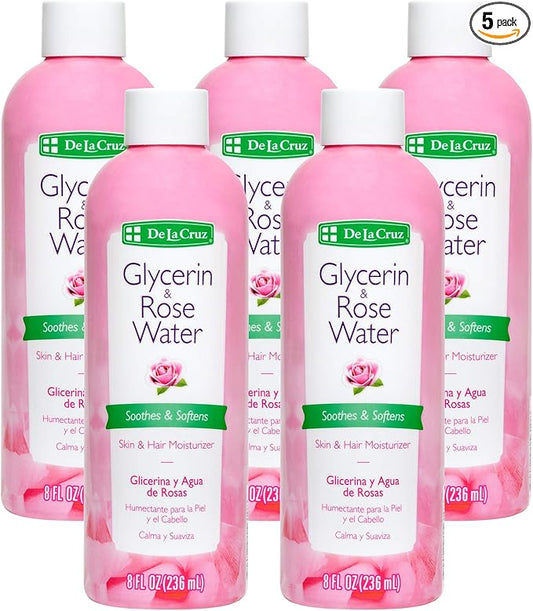 De La Cruz Rose Water and Glycerin for Face - Rosewater Facial Toner and Moisturizer for Skin and Hair 8 fl oz (236 mL) - 5 Bottles