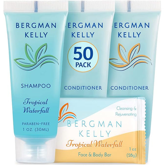 BERGMAN KELLY Rectangular Hotel Soap Bars, Shampoo & Conditioner 3-Piece Set (1 oz each, 150 pc, Tropical Waterfall), Delight Guests w/Invigorating & Refreshing Bulk Travel Size Hotel Toiletries