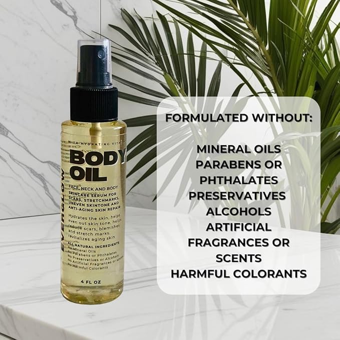 BODY OIL -Moisturizing Face, Neck and Body Skincare Serum for Scars, Stretchmarks, Uneven Skin Tone and Anti-Aging Skin Repair. All Natural 4oz Spray