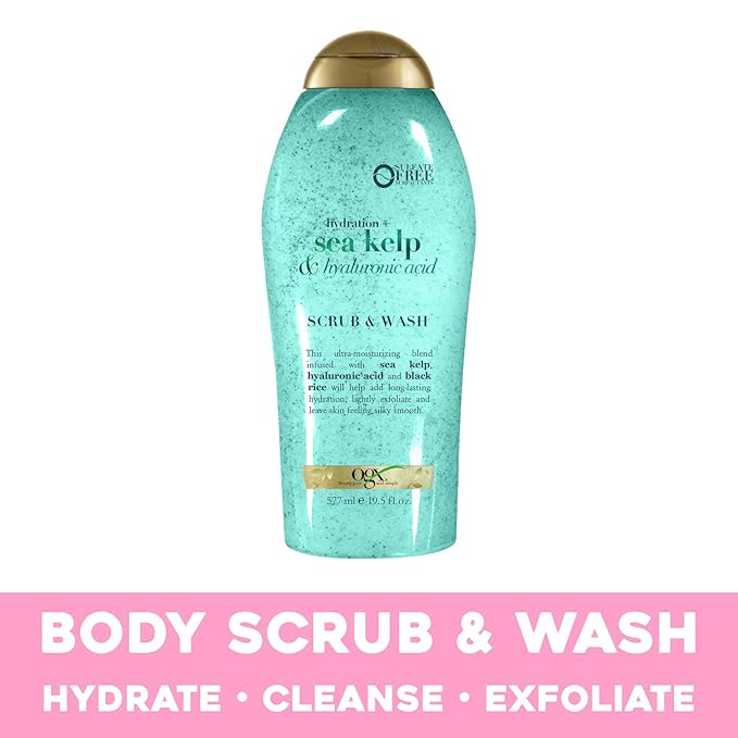 OGX Hydration + Sea Kelp & Hyaluronic Acid Sulfate-Free Lightly Moisturizing Body Scrub with Black Rice, Gentle Exfoliating Daily Body Wash to Soften & Smooth Skin, 19.5 Fl Oz (Pack of 2)
