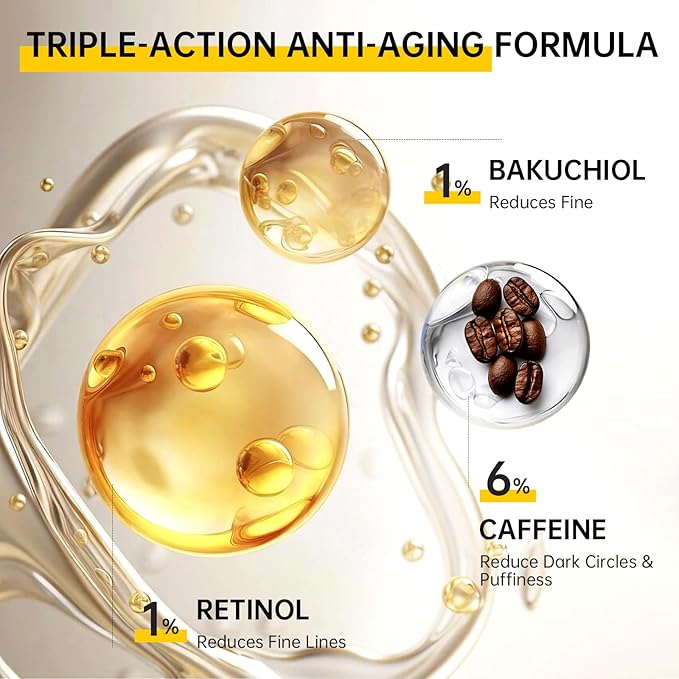 VGO Retinol Eye Cream, Anti-Aging Eye Cream for Dark Circles & Puffiness with 1% Retinol, 1% Bakuchiol & 6% Caffeine to Reduce Wrinkles, Fine Lines, De-puff and Eye Bags, 0.52 oz/15g, Made in USA