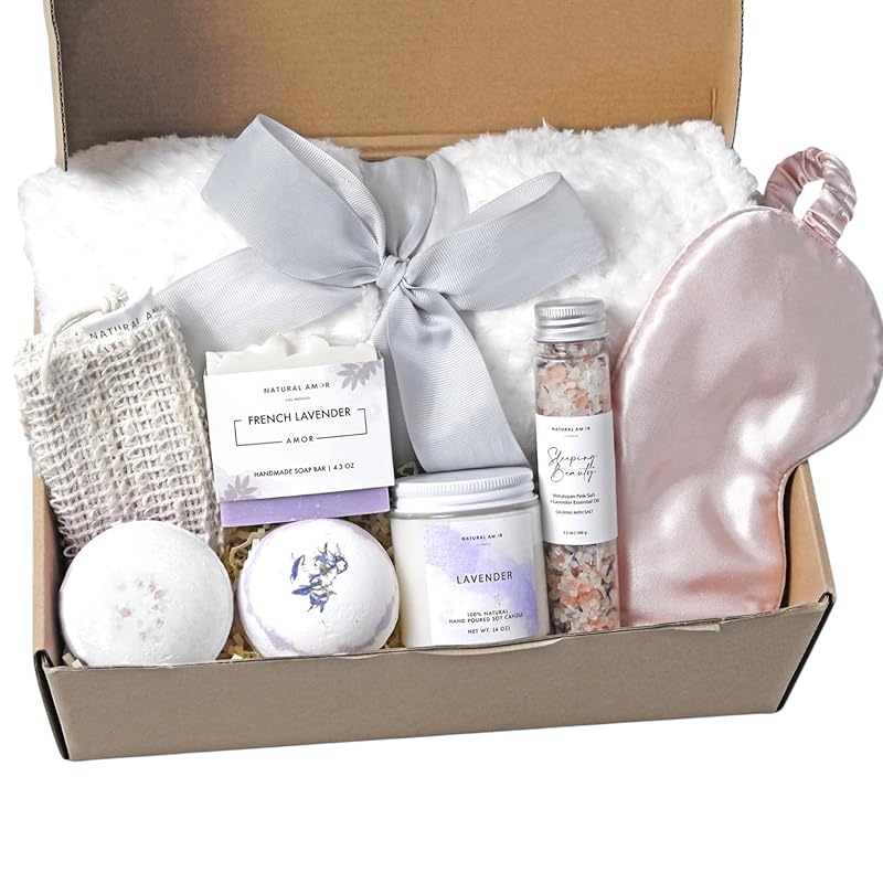 Natural Amor Lavender Blanket Spa Gift for Women 8pcs, Birthday Gift for Women, Self Care Gift, Mother's Day Gift