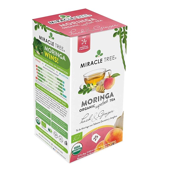 Miracle Tree - 6 Count of Organic Moringa Superfood Tea, 25 Individually Sealed Tea Bags, Peach & Ginger (Keto, Detox, Energy/Immunity Booster, Vegan, Gluten-Free, Organic, Non-GMO, Caffeine-Free)