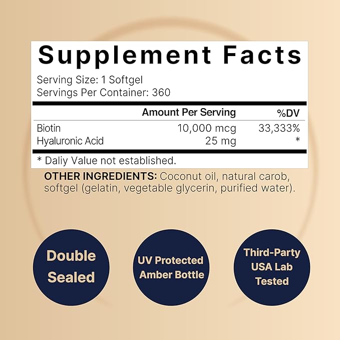 Biotin 10000mcg + Hyaluronic Acid 25mg | 360 Coconut Oil Softgels, Premium Biotin Vitamins for Hair Skin and Nails, Highly Purified and Bioavailable, Quick Release