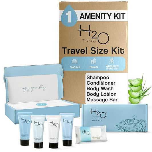 H2O Therapy Amenity Kit | Hotel Bulk Toiletries | 0.85 oz Shampoo, Conditioner, Lotion, Body Wash, Body Bar Soap for Guest Hospitality Vacation Rentals | 1 Set/Case