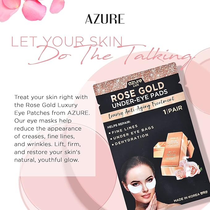 Azure Cosmetics Rose Gold Luxury Anti Aging Under Eye Pads - Lifting, Smoothing & Hydrating Eye Mask Patches - Reduces Fine Lines, Wrinkles, Dark Circles & Puffiness - Made in Korea - 5 Pairs