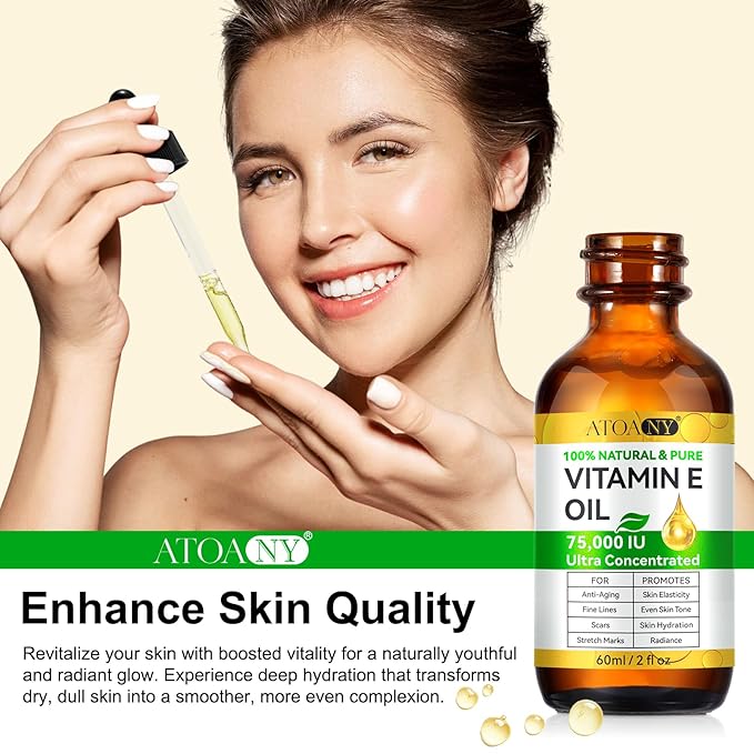 Vitamin E Oil 75,000 IU - Pure & Natural Skin & Hair Care - Moisturizing for Face, Body, Sars and Scalp - Non-GMO, Gluten-Free, Paraben-Free