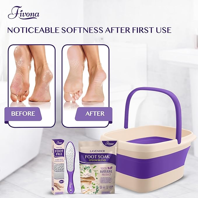 Fivona Foot Care Kit 3 in 1 - Foot Soak Blend with Epsom Salt, Lavender and Essential Oils - Collapsible Foot Soak Basin - Dual Action Foot File