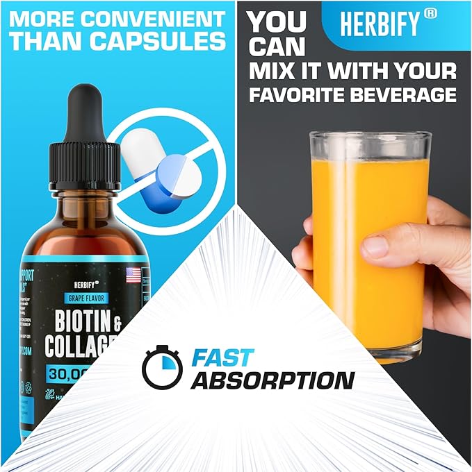 HERBIFY Collagen and Biotin Liquid Drops - Faster Absorption Joint Health Supplement for Hair Growth and Stronger Nails - Hair Skin and Nails Vitamins for Women and Men - B7 Supplement - Made in USA