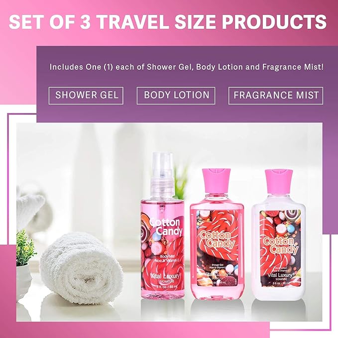 Cotton Candy Bath & Body Care Travel Set, Home Spa Gift Set Includes Body Lotion, Shower Gel, and Fragrance Mist, Personal Body Care Travel Set, Birthday Mother's Valentine's Day Gifts