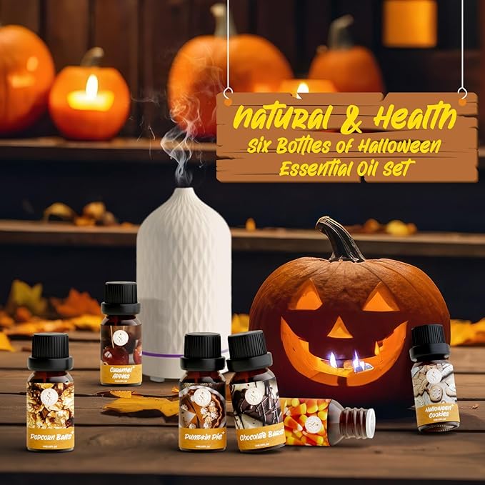 Halloween Essential Oils Set, Fragrance Oil Gift Set for Oil Diffusers, Scented Oils 6x10ml - Caramel Apples, Pumpkin Pie, Candy Corn, Halloween Cookies, Chocolate Bars, Popcorn Balls