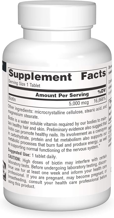 Source Naturals Biotin 5,000mcg High Potency B Vitamin Nutrients Support Healthy Hair, Skin & Nails - Maximum Strength Biotin Deficiency Supplement - 200 Tablets