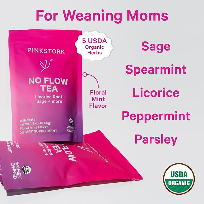 Pink Stork No Flow - Organic Sage Tea to Dry Up Breast Milk Supply and Decrease Milk Production, Stop Breastfeeding, Wean Lactation Naturally, Postpartum Essentials - Hot or Iced - 15 Sachets