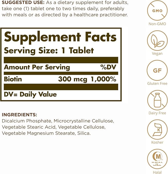 SOLGAR Biotin 300 mcg - 100 Tablets, Pack of 3 - Supports Healthy Skin, Nails & Hair - Non-GMO, Vegan, Gluten Free, Dairy Free, Kosher, Halal - 300 Total Servings