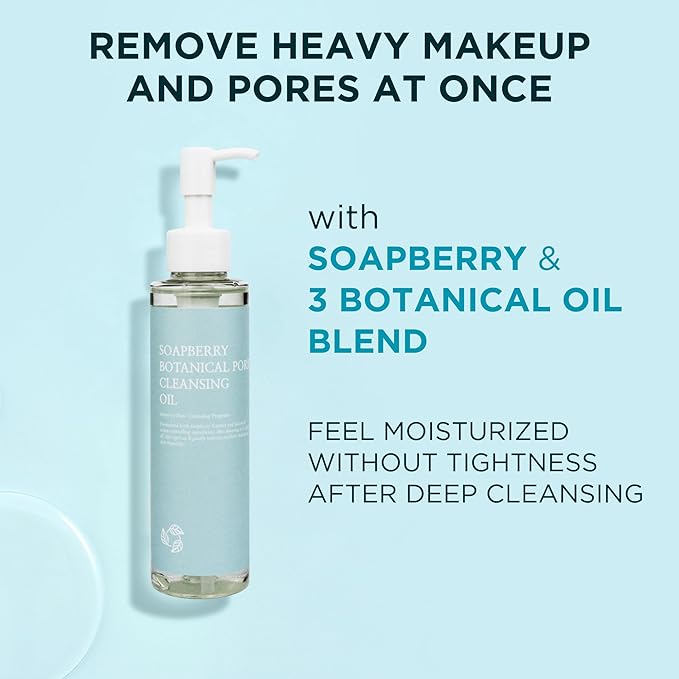 Soapberry Botanical Cleansing Oil, Korean Facial Cleanser Makeup Remover for Heavy Makeup with Jojoba, Apricot, Avocado Oil, Blackhead Removal (5.07 fl. oz, 150ml)