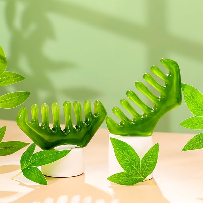 Geiserailie 2 Pieces Jade Combs Massage Stone Hair Gua Sha Scraping Scalp Comb Facial Massage Tool Multifunctional Handheld Head Tools Head Caring Therapy Mother's Day Gift (Dark Green Style)