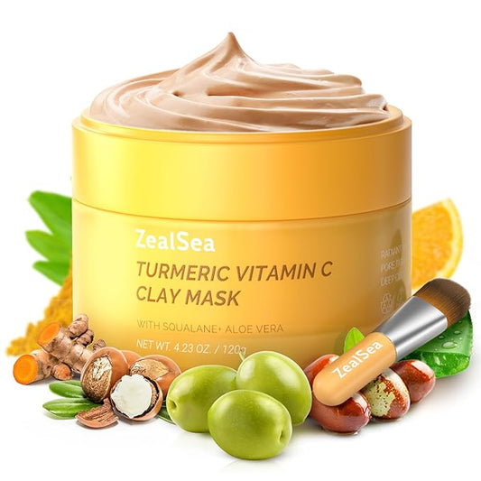 ZealSea Vitamin C American Kaolin Clay Mask with Turmeric, Pro Ultra-Fine Creamy Texture, Deep Pore Cleansing Even Skin Tone Brighten Control Oil Detoxify, 30% Aloe, Jojoba Oil, Shea Butter & Squalane