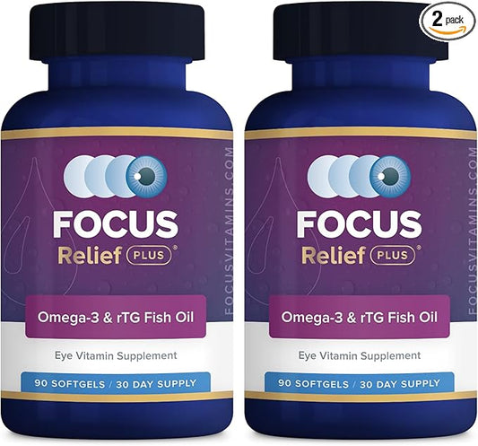 Focus Relief Plus Dry Eye Formula (180 ct. 60 Day Supply) Omega 3 Supplement - Dry Eye Relief Supplement - Omega 3 Fish Oil
