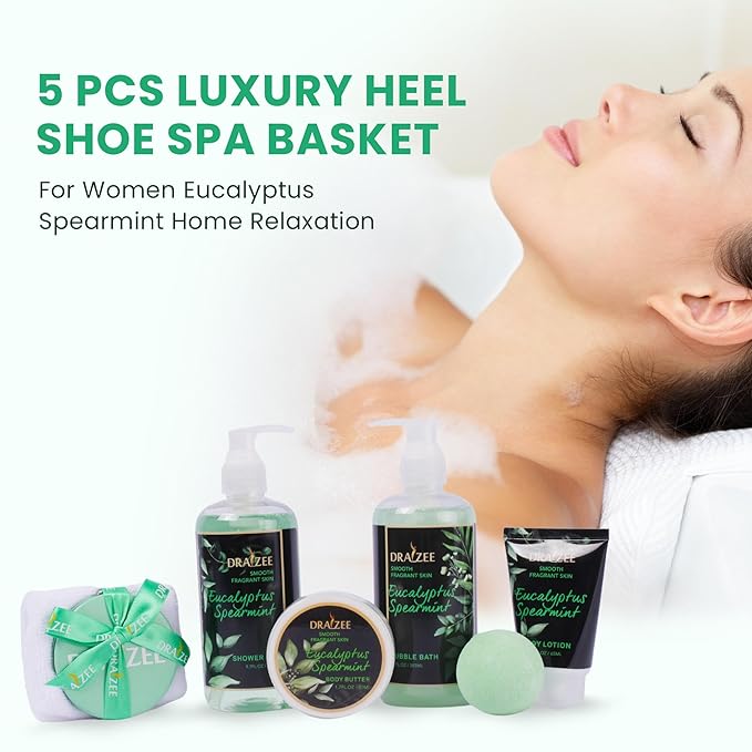 Draizee Mothers Day Gifts for Mom-Spa Gift Baskets for Women, 8 Pcs Luxury Eucalyptus Sparemint Scented Heel Shoe Design Bath and Body Spa Set-Self Care Package for Women, Greate for Mom-Body Care Set