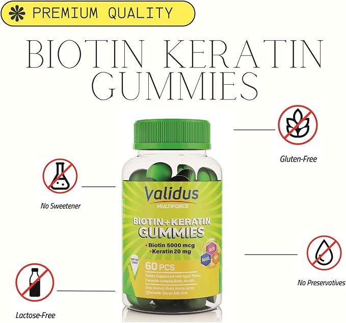 Validus Premium Biotin + Keratin Gummies for Hair, Skin & Nail Support – 60 Vegan Gummies w/ 5000mcg Biotin & Natural Keratin for Healthy Hair Growth, Strong Nails & Radiant Skin, Non-GMO, Gluten-Free
