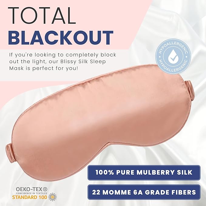 Blissy Silk Sleep Mask - Silk Eye Sleeping Mask for Women & Men for Total Blackout - 100% Pure Mulberry Silk, 22 Momme 6a Fibers - Blindfold Silk Sleep Mask Side Sleeper Eye Cover (Rose)