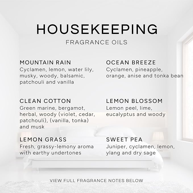 Eternal Essence Oils Housekeeping Set of 6 Premium Fragrance Oils - Includes Clean Cotton, Lemon Blossom, Lemon Grass, Sweet Pea, Ocean Breeze and Mountain Rain Scented Oils - 10ML