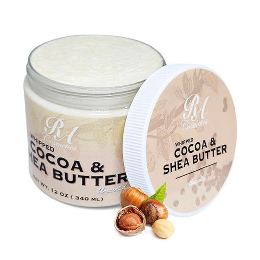 RA COSMETICS Whipped Cocoa & Shea Butter, Unscented - 12oz | 100% Pure & Natural Skin Moisturizer with Coconut Oil | Vitamin-Rich Body Butter for Soft, Supple, and Radiant Skin & Healthy Hairs
