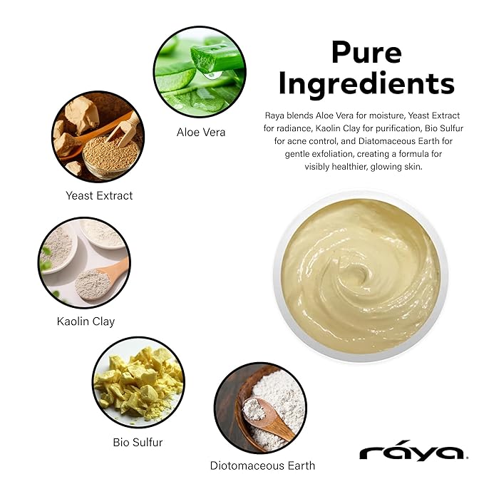 Raya Bio-Sulfur Masque (708) | Facial Clay Mask for Deep Pore Cleansing, Exfoliating Face Pack for Oily, Break-Out Skin | Vitamin-B and Bio Sulfur Formula to Control Oiliness | Skincare Face Mask