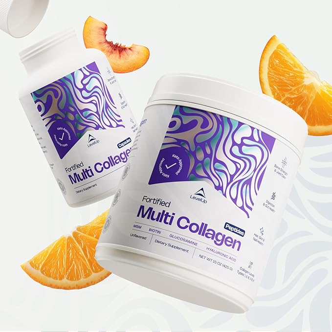 LevelUp Multi Collagen Fortified with Biotin, MSM, Hyaluronic Acid, Glucosamine, Collagen Types I, II, III, V & X, for Joints Hair Skin Nails Gut (Unflavored)