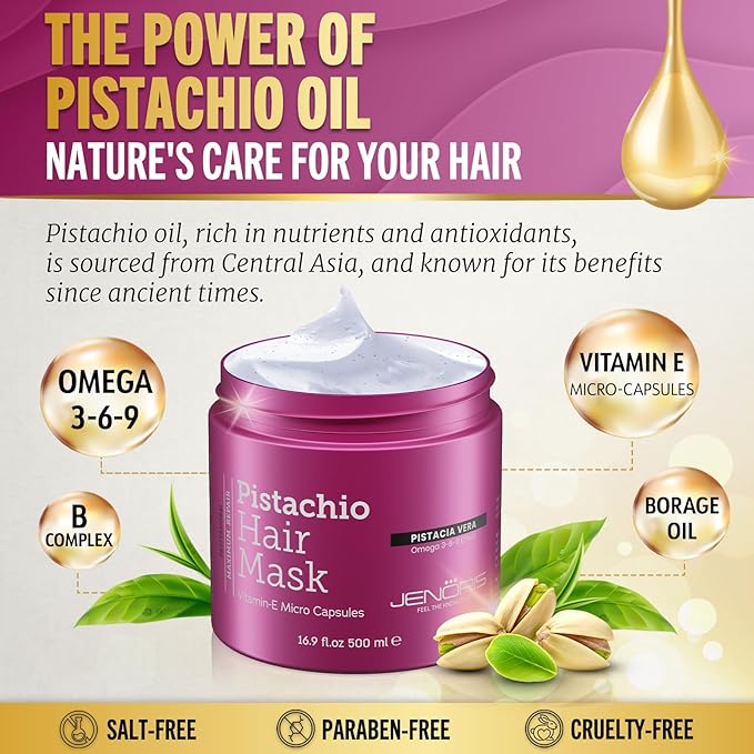 Jenoris Pistachio Hair Mask for Dry Damaged Hair – Deep Conditioning Hair Mask Treatment with Pistachio Oil & Vitamin E, For Color-Treated Hair, For Hair Repair, Paraben & Salt Free, 16.9 Fl Oz