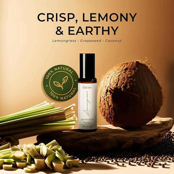Gya Labs Lemongrass Essential Oil Roll on for Skin - Refreshing Aromatherapy for Outdoor Protection - 100% Pure Natural Lemongrass Oil Perfume Roller - Travel Size (0.34 Fl Oz)