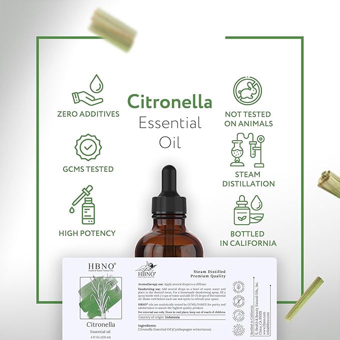 HBNO California Bottled Citronella Essential Oil 4 fl oz (120ml) - Natural Citronella Oil - Perfect for Cleaning, Aromatherapy, DIY, Soap & Diffuser - Citronella Oil Essential