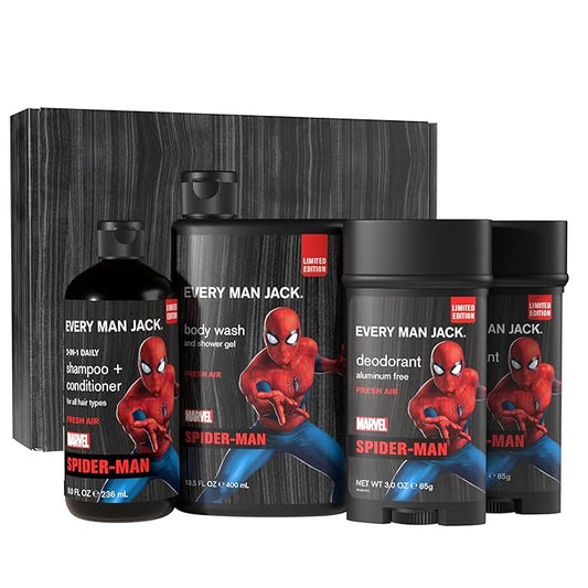 Every Man Jack Spider-Man Body Set - Perfect for Every Guy & Marvel-Lover - Bath and Body Marvel Gift Set with Clean Ingredients & Incredible Scents - Includes Body Wash, Shampoo & Deodorant 2-Pack