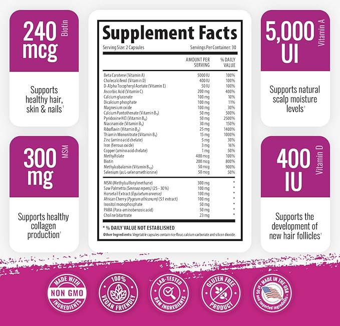 Hair, Skin and Nails Vitamin Supplement with Biotin, 2 Bottle Pack, Growth Formula for Men and Women