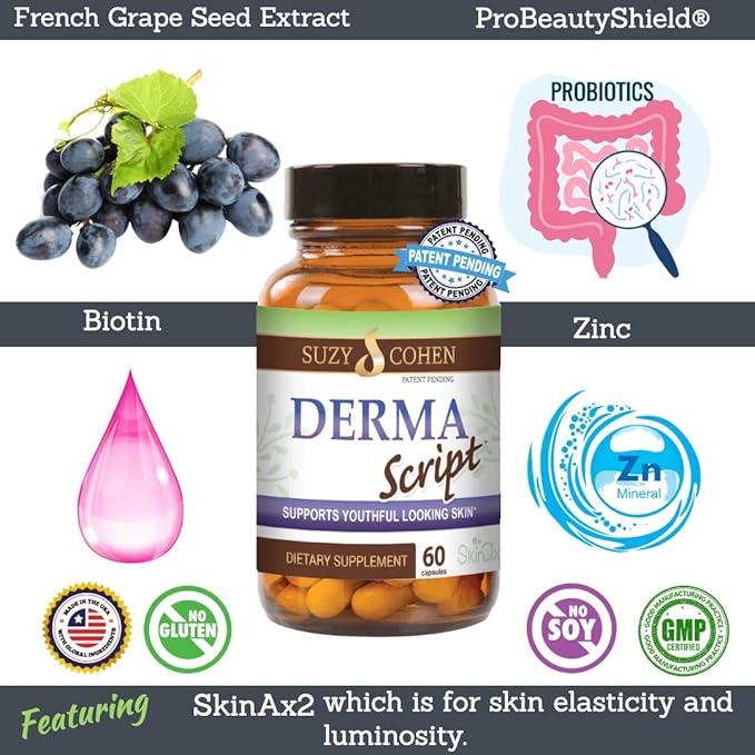 Script Essentials DermaScript Clear Skin Probiotic- Skin Care Routine Supplement - Biotin Face Supplemnt - Fights Acne, Dryness, Irritation and Rashes (60 Capsules)