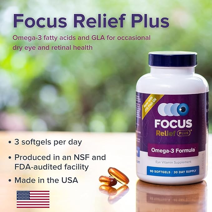 Focus Relief Plus Dry Eye Formula (270 ct. 90 Day Supply) Dry Eye Omega 3 Supplement - Dry Eye Relief Supplement - Omega 3 Fish Oil for Dry Eye